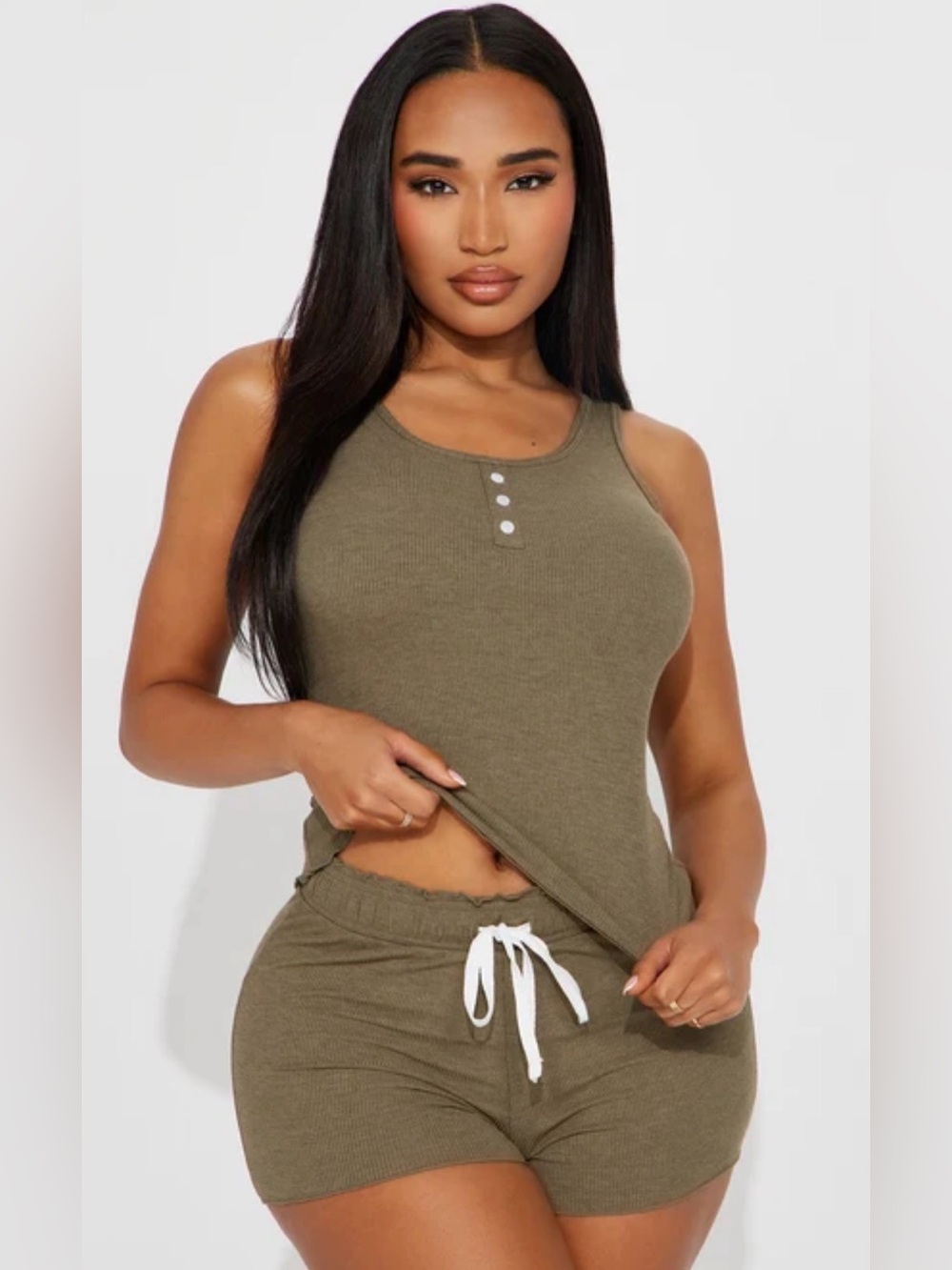 Fashion Nova Olive Ribbed Henley Tank Top